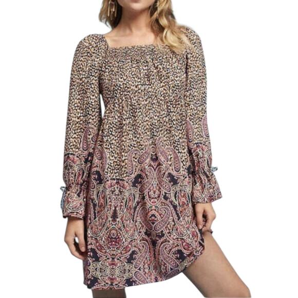 Anthropologie Maeve Boho Paisley Mini Dress Sz Large Smocked Tunic Hippie Chic - Picture 1 of 10